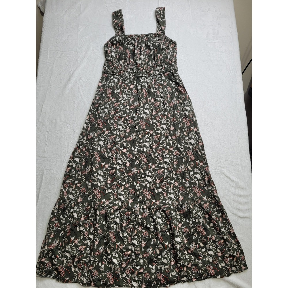 Loft Maxi Dress Womens MP Olive Green Floral Smocked Square Neck Dress